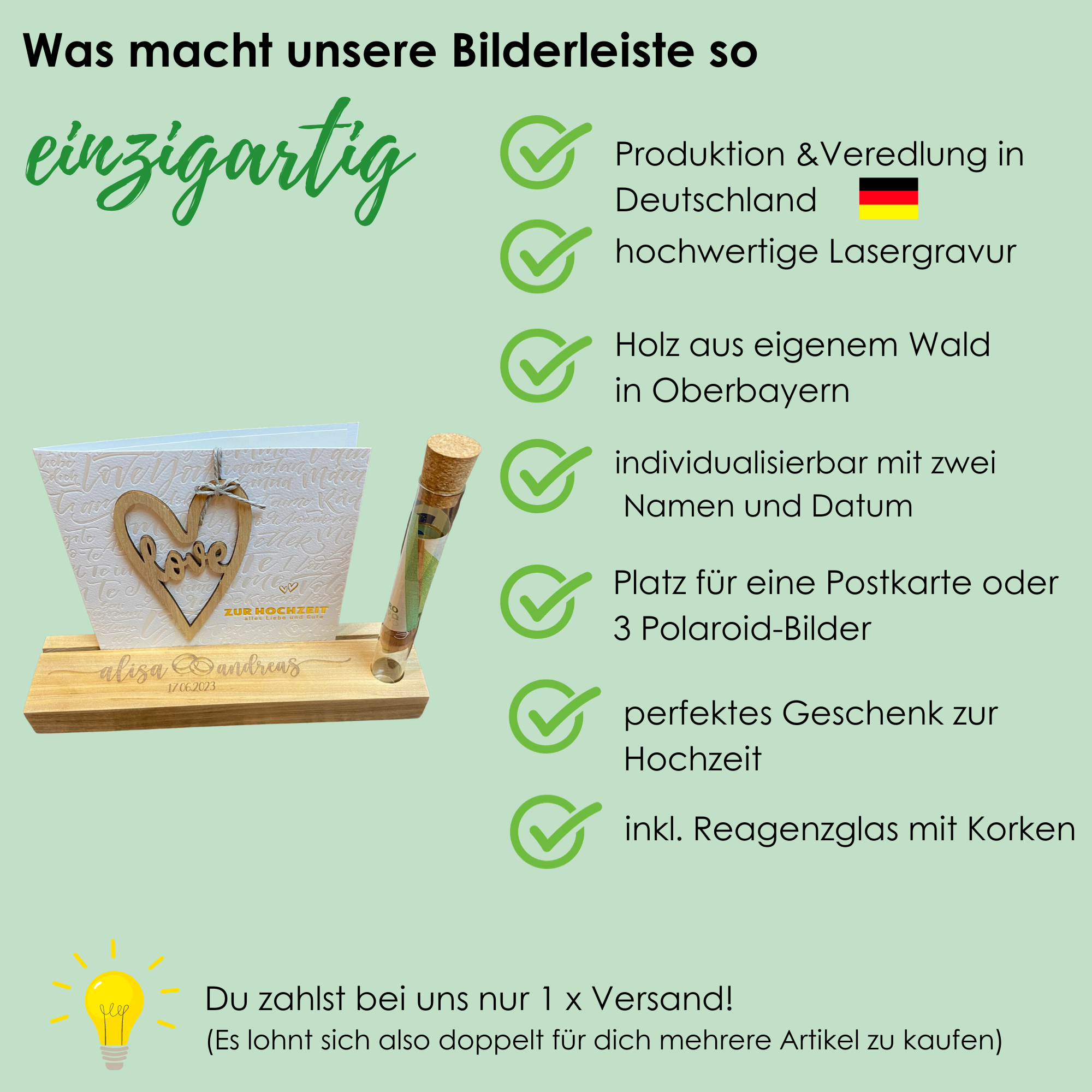 Geldgeschenk für Hochzeit mit Gravur und Blumenvase | Kartenaufsteller | Bilderleiste | Hochzeitsgeschenk | Hochzeit