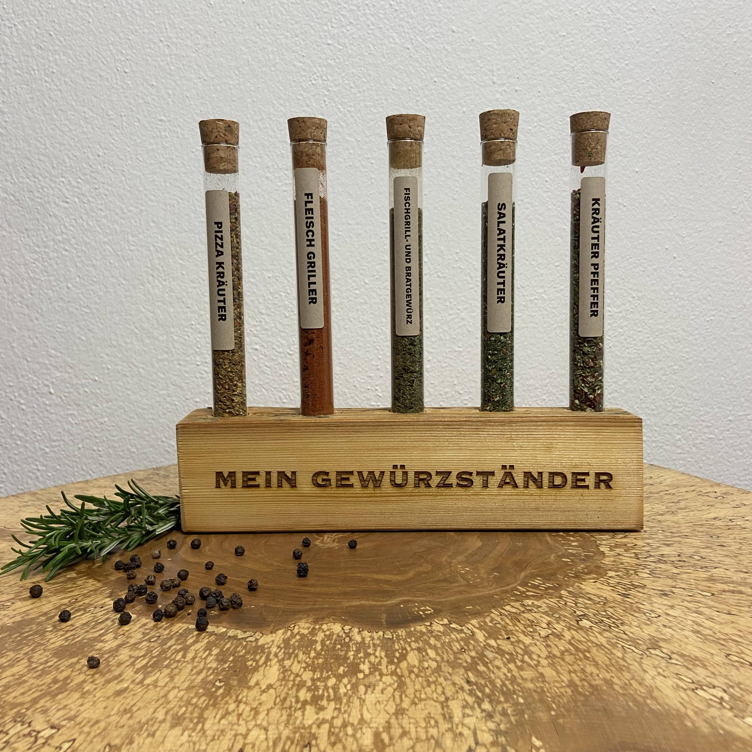 Gewürzständer klein 5er personalisiert, Gewürzregal aus Altholz